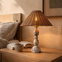 Calacatta Marble Table Lamp with Hand-Woven Rattan Shade, Vintage Stone Lamp with 3 Color Temperatures, Luxury Light for Bedroom Living Room