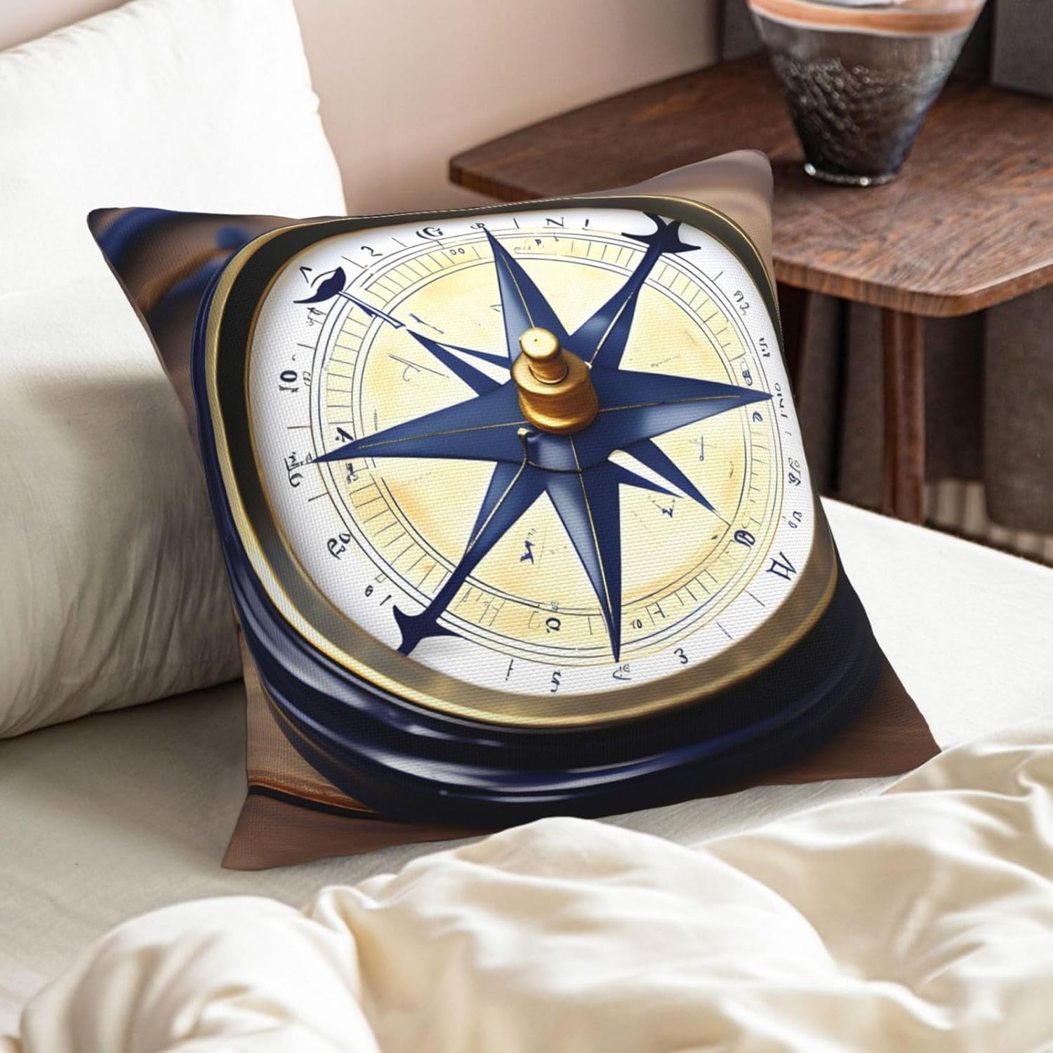 Sail Boat Nautical Compass Imitation Linen Pillowcase -2 Sets, Fashionable Home Decoration, Used for Sofas, Gardens, beds