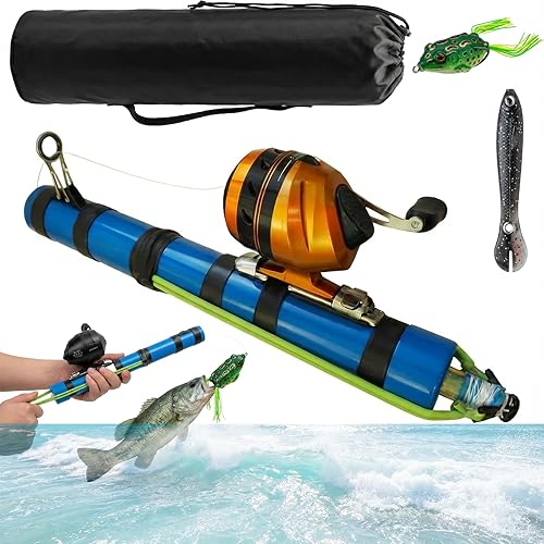 Caña de catapulta de pesca con carrete y 2 señuelos, caña de pescar telescópica portátil, kit completo de fundición con bolsa de transporte para