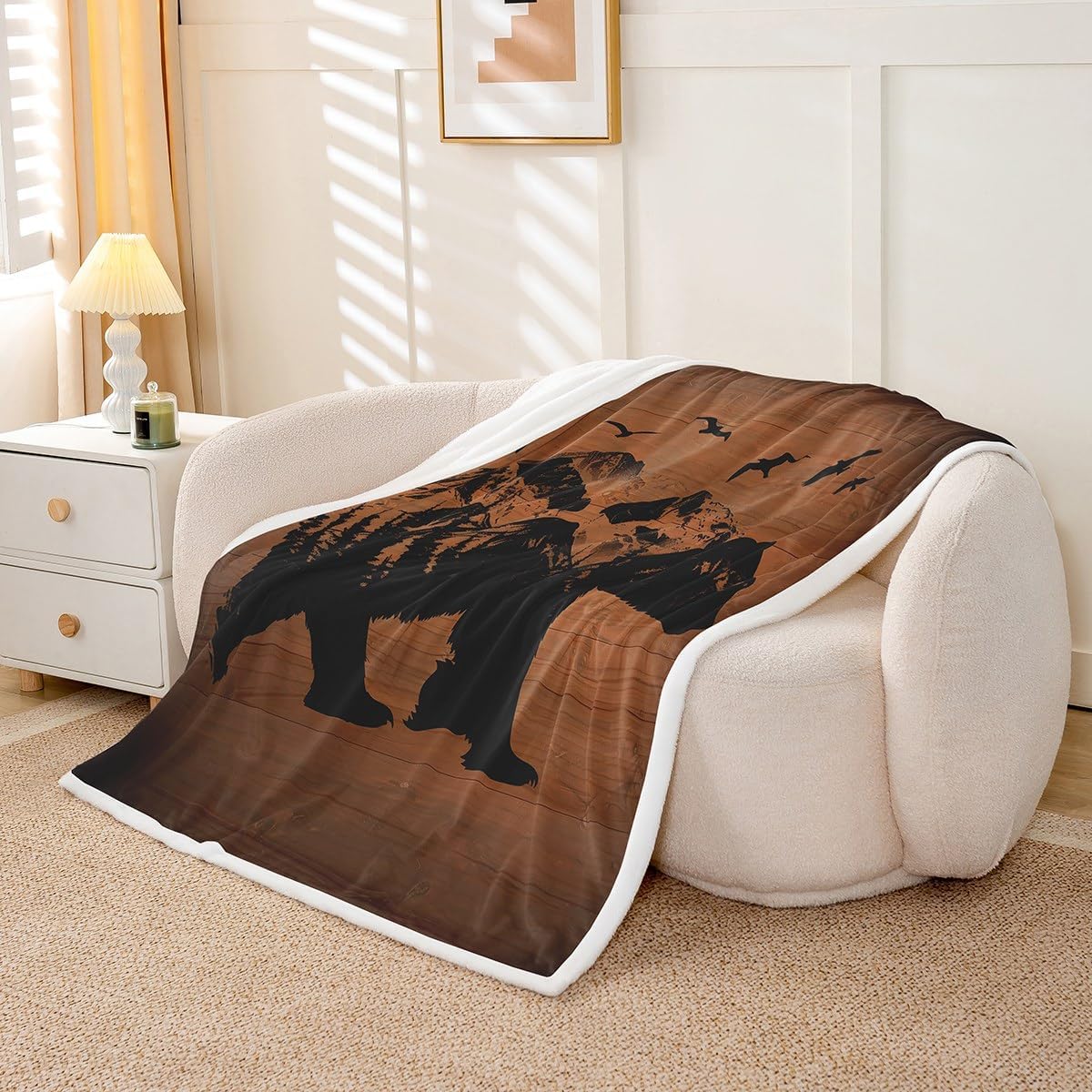 Brown Bear Throw Blanket 40x50 Sketch Bird Wild Animal Mountain Decor Fleece Blanket for Kids Teens Adults Rustic Jungle Lodge Cabin Style Plush Blanket for Couch Chairs Office