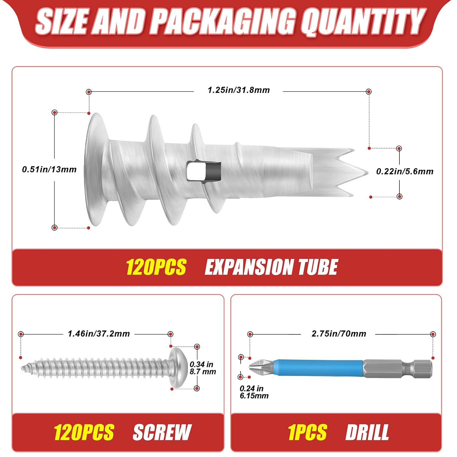 QCQIANG 240pcs Zinc Self-Drilling Drywall Anchors, Anchor and Screw Combination with Cross Groove Drill Bit, Heavy Duty Metal Wall Anchors with Self-Tapping Screws