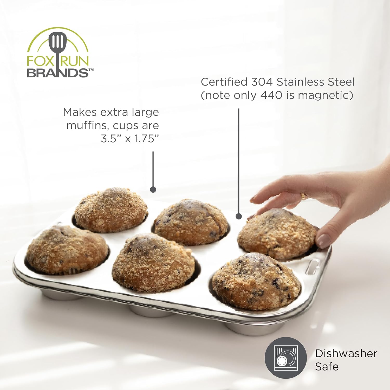 Fox Run Stainless Steel Extra Large Muffin and Cupcake Pan, 6 Cup Jumbo Tin | Bake Jumbo Cupcakes & Muffins | Durable Dishwasher Safe Stainless Steel | 6 XL Cups | Consistent Results | Baking Essential