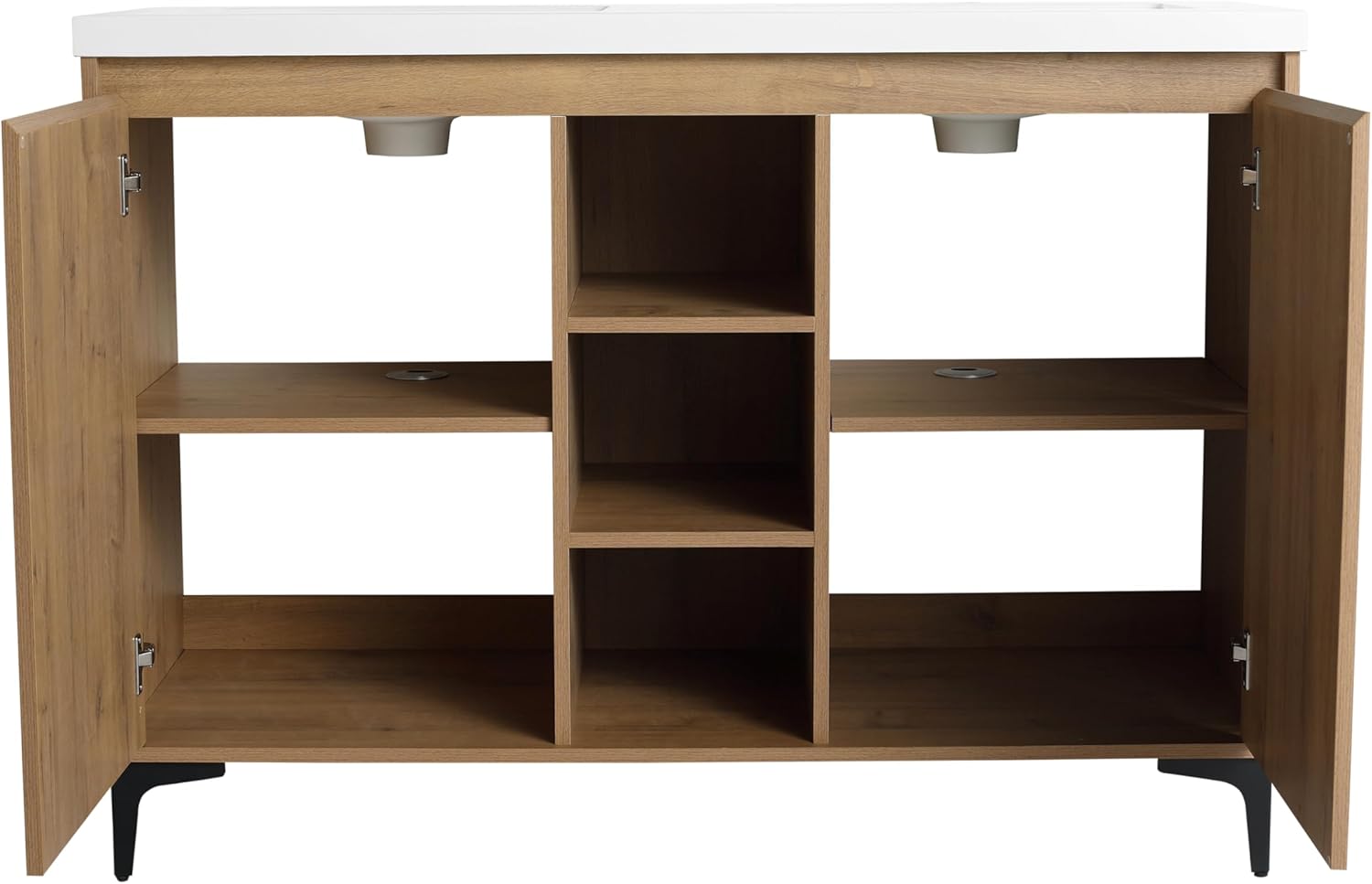 48" Double Bathroom Vanity with Sink Combo Classic Oak Brown Bathroom Vanity Cabinet with Dual Resin Sink Floor Stand Undermount Bathroom Sink Cabinet with 2 Door and Middle Open Shelves