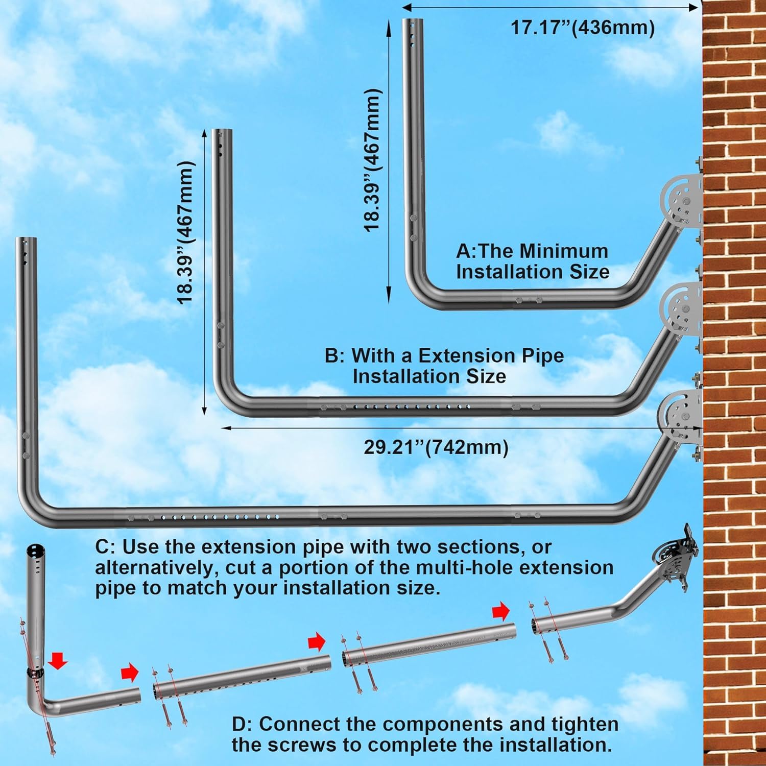 Support d'antenne mural long - Barre de gouttière longue avec angle de 90 °, tube d'extension, adaptateur de connexion et vis, parfait pour les antennes TV externes (argenté)