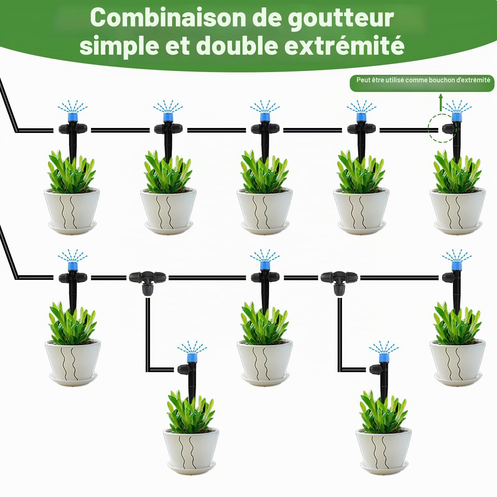 Kalolary Lot de 35 émetteurs d'irrigation goutte à goutte, 2 formes, pièces de pulvérisateur d'irrigation goutte à goutte verrouillées pour tube de 6,35 mm, réglable à 360 degrés, 8 trous avec verrou