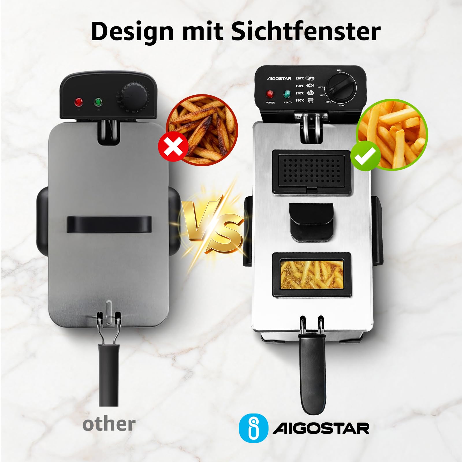 Aigostar Ushas - Fritteuse 3L, 2200 W, Transparenter Deckel, Herausnehmbare Innenpfanne, Einstellbarer Thermostat, Wedelstahl, BPA-frei