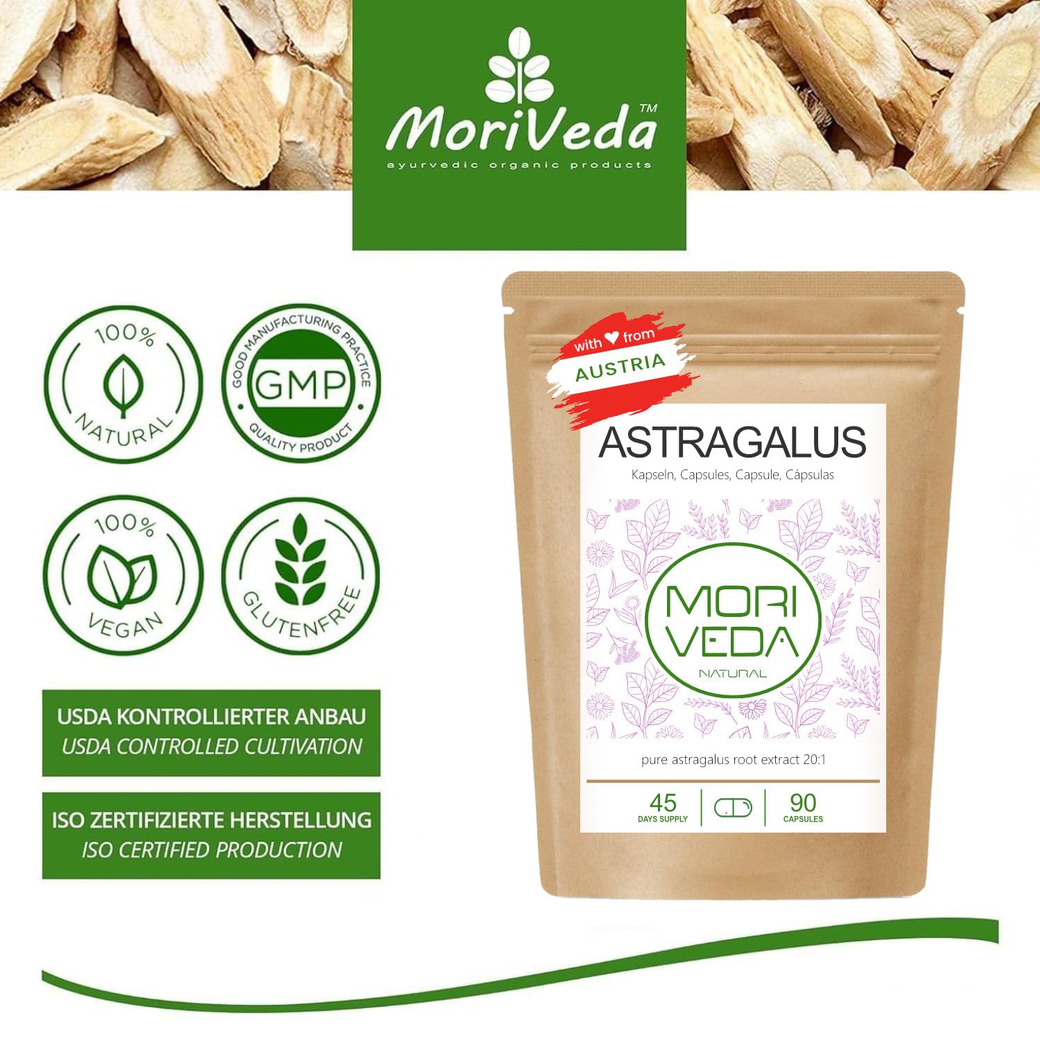 MoriVeda® Astragalus capsule 1600 mg, estratto di radice di tragacanto in polvere, 112 mg di polisaccaridi, vegan e senza glutine (90 capsule)