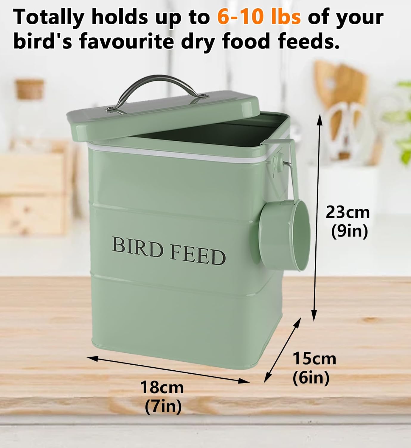 Morezi Bird seed and feed storage tin with lid Included Green-coated Metal Tight Fitting Lids - storage canister tins