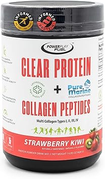 Clear Protein Powder + Collagen Peptides, Strawberry Kiwi 24g BLG with Marine Collagen, Sport Certified, Lactose Free, Sugar Free, Gluten Free, Low Calorie, 14.94oz