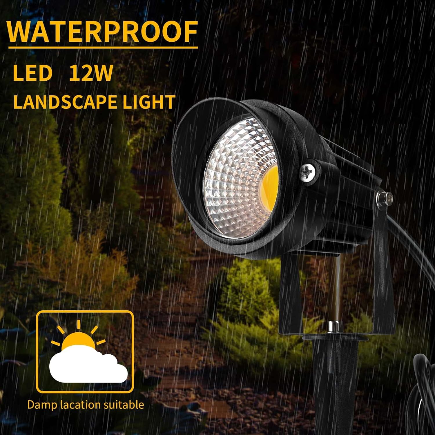 Warm White Spot lights Outdoor, 12W 3000K Landscape Spot Lights, IP65 Waterproof Garden Lighting, Metal Case COB LED Lights for Lawn Lamp US 3- Plug Yard Christmas Decoration with Stakes(2 Pack)
