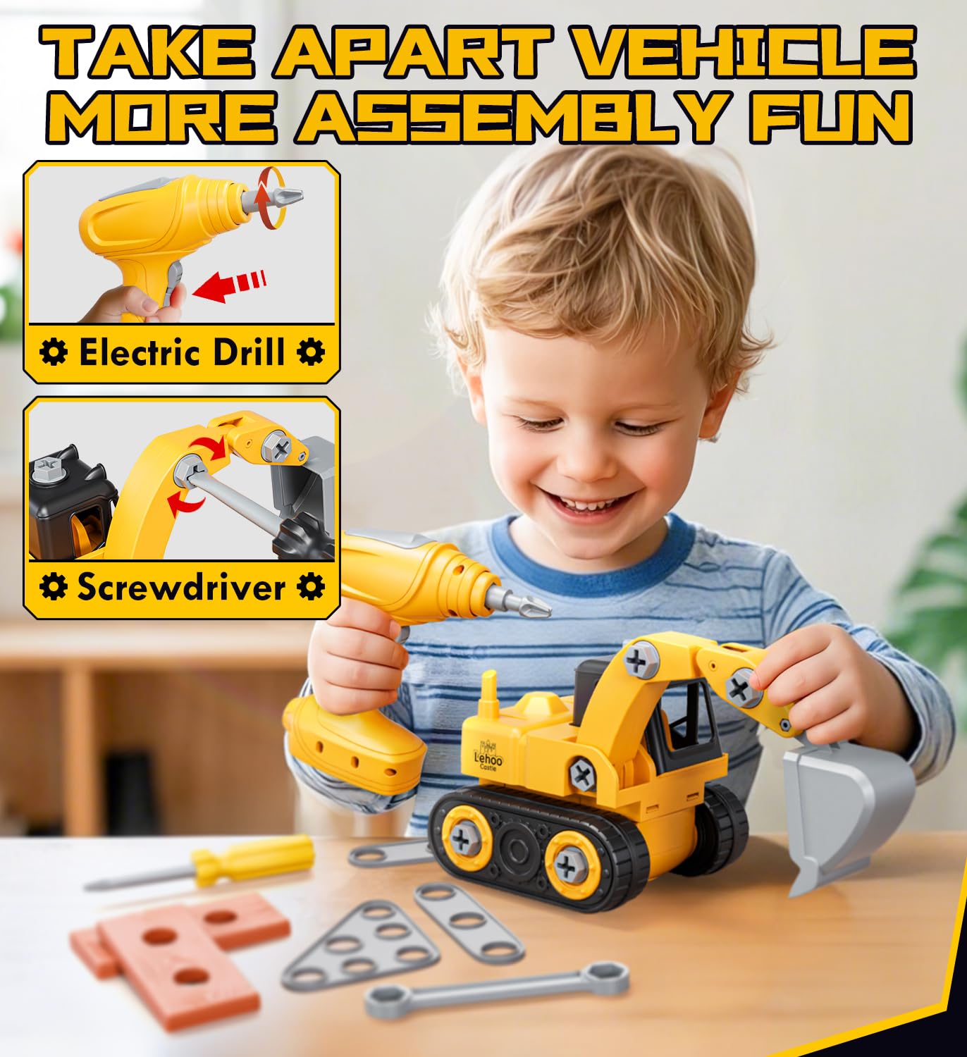 Lehoo Castle Cassetta Attrezzi Bambini con Trapano Giocattolo ＆ Mini Banco da Lavoro ＆ Escavatore Giocattolo per Bambini, Regalo di Ruolo Montessori da 3 4 5 6 Anni Ragazzi Ragazze