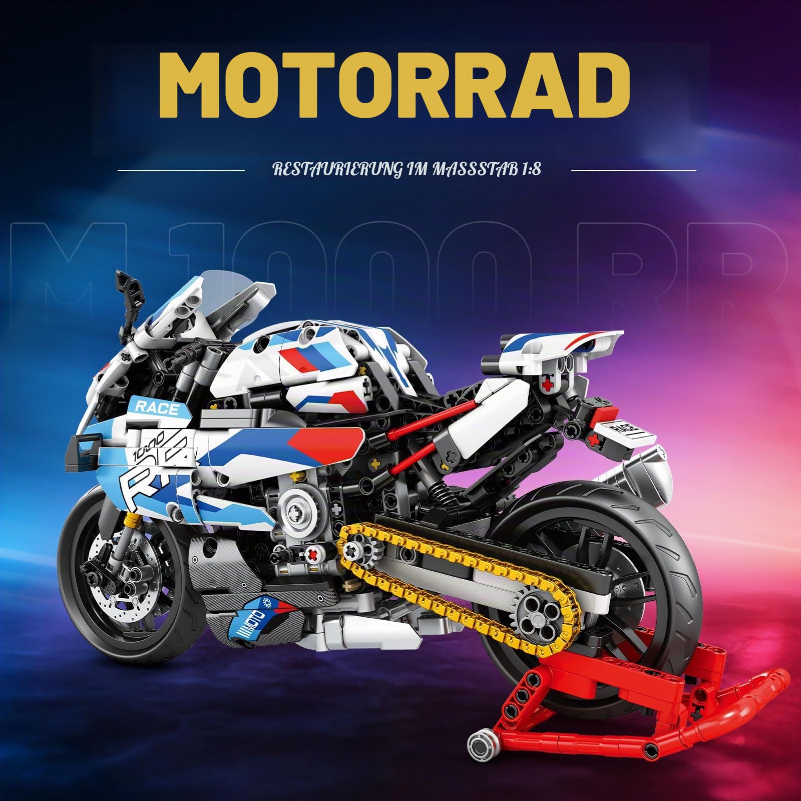 Brihappen 1000 RR Motorrad Bausatz für Erwachsene Männer, 1:8 Maßstab Technik Klemmbausteine Motorrad Modell mit Ausstellungsständer, Mechanisches Bike Vehicle Baukasten für Jugendliche ab 14 Jahren