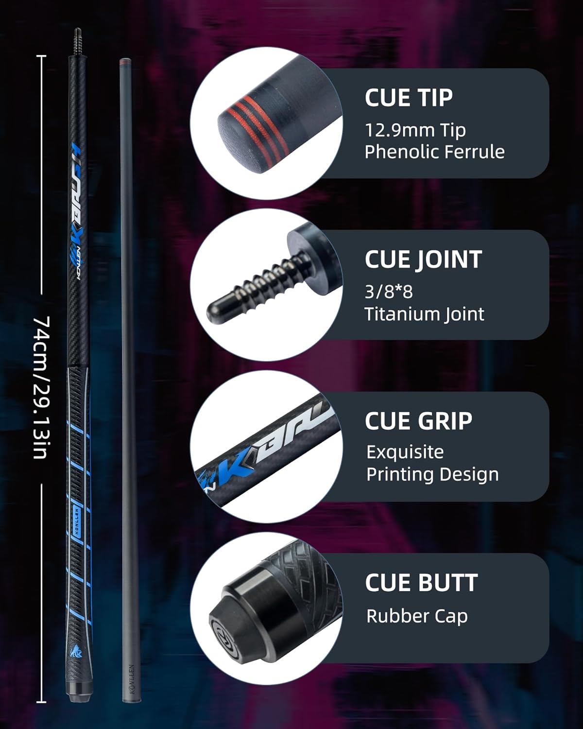 KONLLEN Carbon Fiber Break Cue 58” Low Deflection 2-Piece Heavy Hitter Break Pool Cue with 12.9mm Tip Breaking Cue Professional Billiards Pool Stick