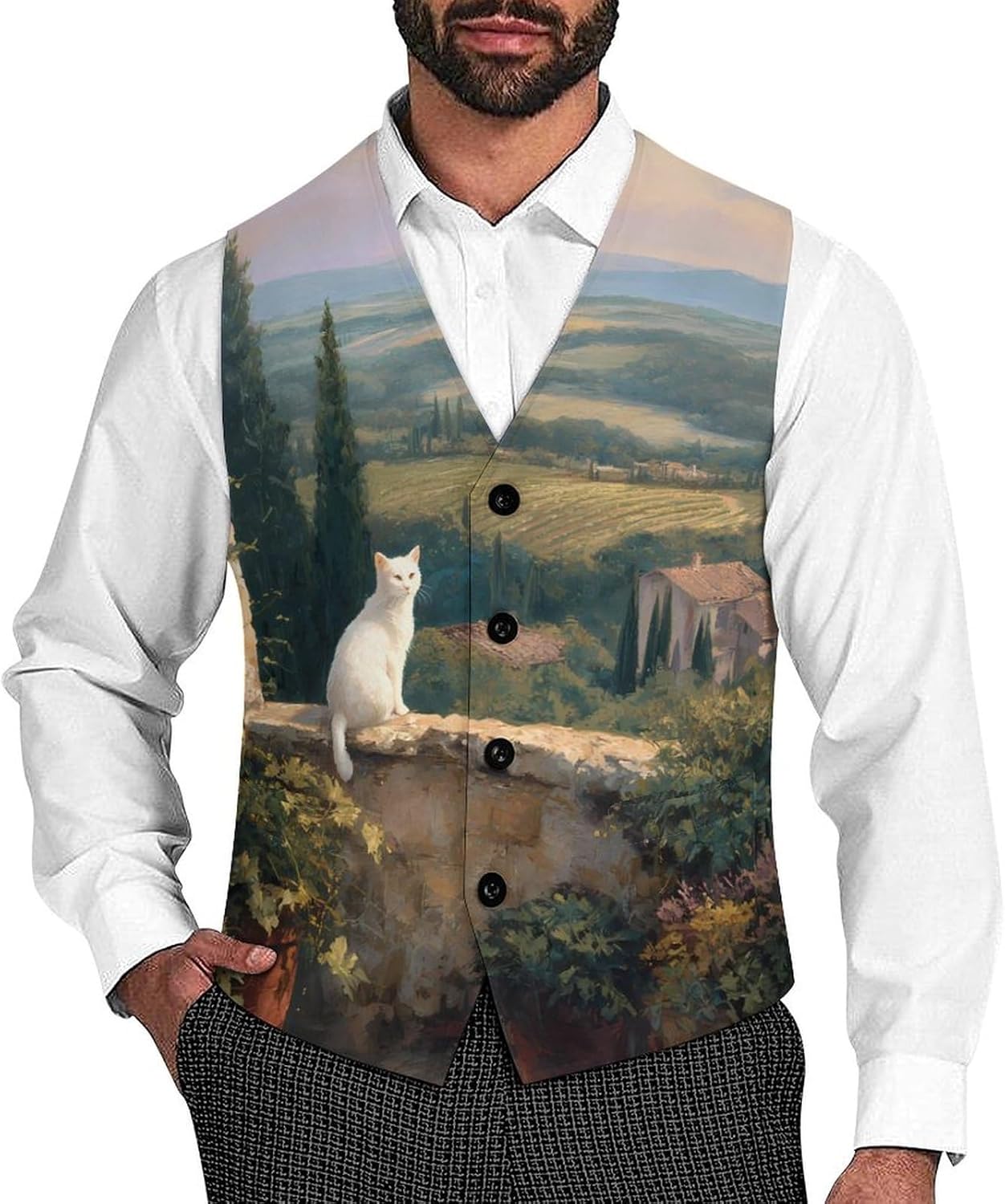 Cat Balcony Vineyard Hills Men's Formal Suit Vest Slim Waistcoat for Business Tuxedo Dress