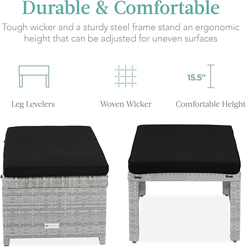 Miniatura 3 de Best Choice Products Juego de 2 otomanas de mimbre, muebles de exterior multiusos para patio, patio trasero, asientos adicionales, reposapiés, mesa
