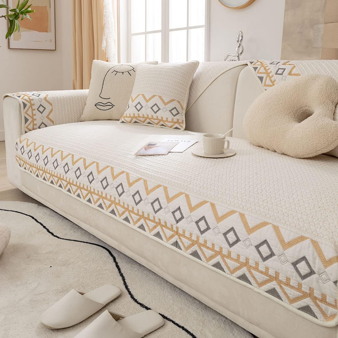 Farmhouse Embroidery Couch Sofa Cover Geometric Pattern Cotton Quilted Sectional Couch Cover Anti-Slip Soft Furniture Protector Sofa Slipcover for Living Room (Ivory,36"x47")