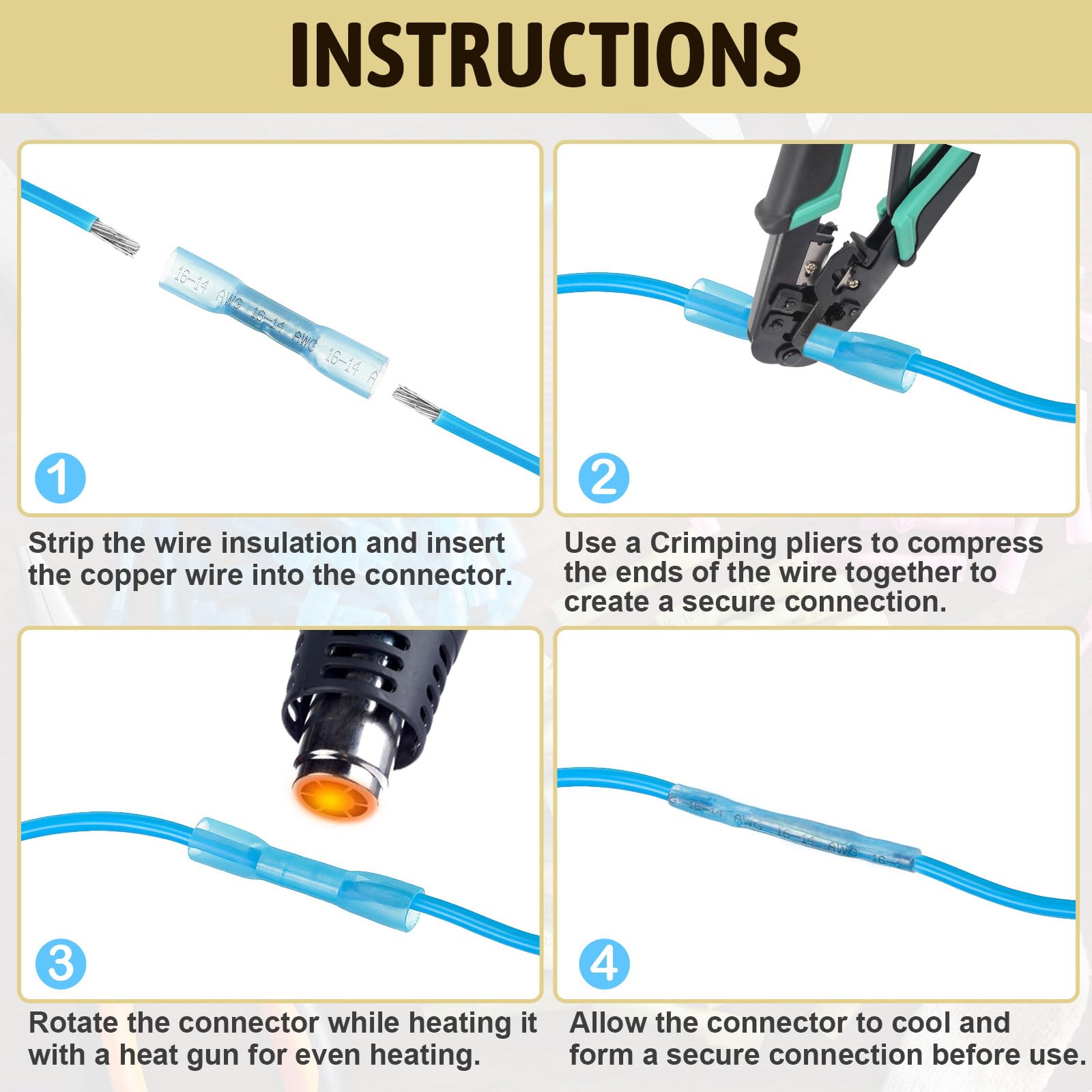 Copkim 2100 conectores termorretráctiles, 16-14 AWG 22-16 AWG 12-10, conector de cable eléctrico de crimpado impermeable, empalme de alambre aislado para barcos, cables, cableado, automoción, hogar