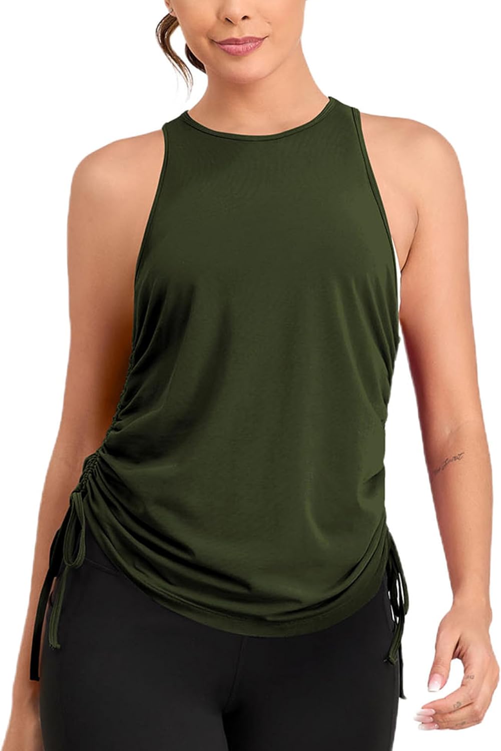 Pima Cotton Workout Tops for Women Drawstring Ruched High Neck Yoga Tops Sleeveless Athletic Running Tank Tops