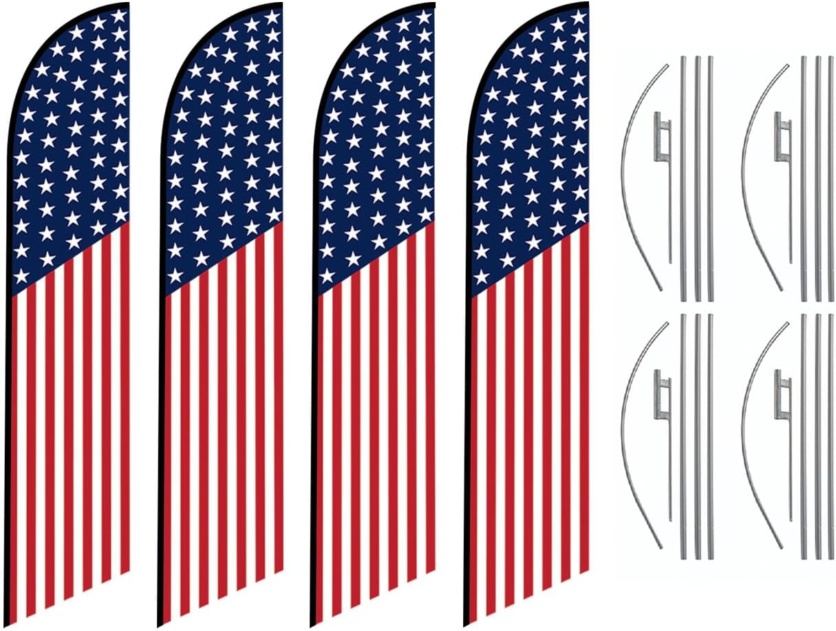 Pack of 4 - Tall Swooper Feather Flags American Glory US Banners (50 Stars on top - Patriotic theme) with 15ft Flag Pole Kits and Ground Stakes Outdoor Advertising Signs