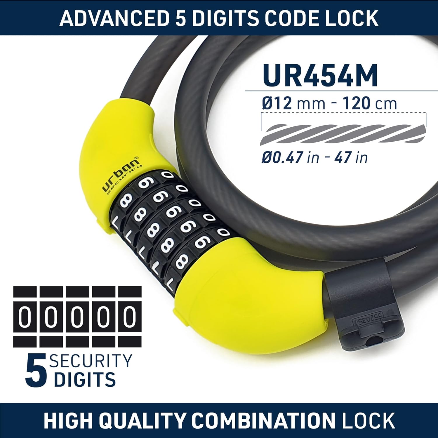 Urban Unisex's UR454M Bike Lock with Combination Flexible Steel Cable Ø12, 120cm with Security Code Anti-Theft Bicycle Resistant Compact Easy Transport, Black