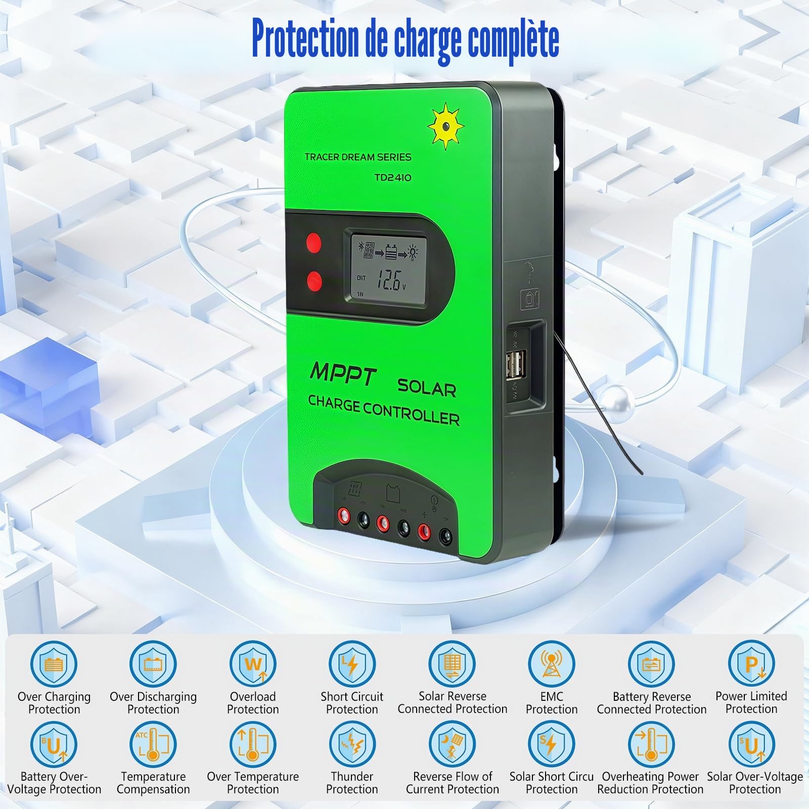 Régulateur de charge solaire MPPT 12 V/24 V (WiFi) avec écran LCD, prend en charge le contrôle APP, régulateur de charge MPPT pour batteries AGM/gel-plomb-acide, Li-Ion/LFP (40 A)