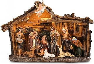 Bshine Nativity Scene Set Christmas Decor, Wooden Stable with LED Lights 12.4x9.05 Holy Family with Manger Baby Jesus Figurine, Nativity Scene Indoor Decor Home Desktop Collectible Ornaments