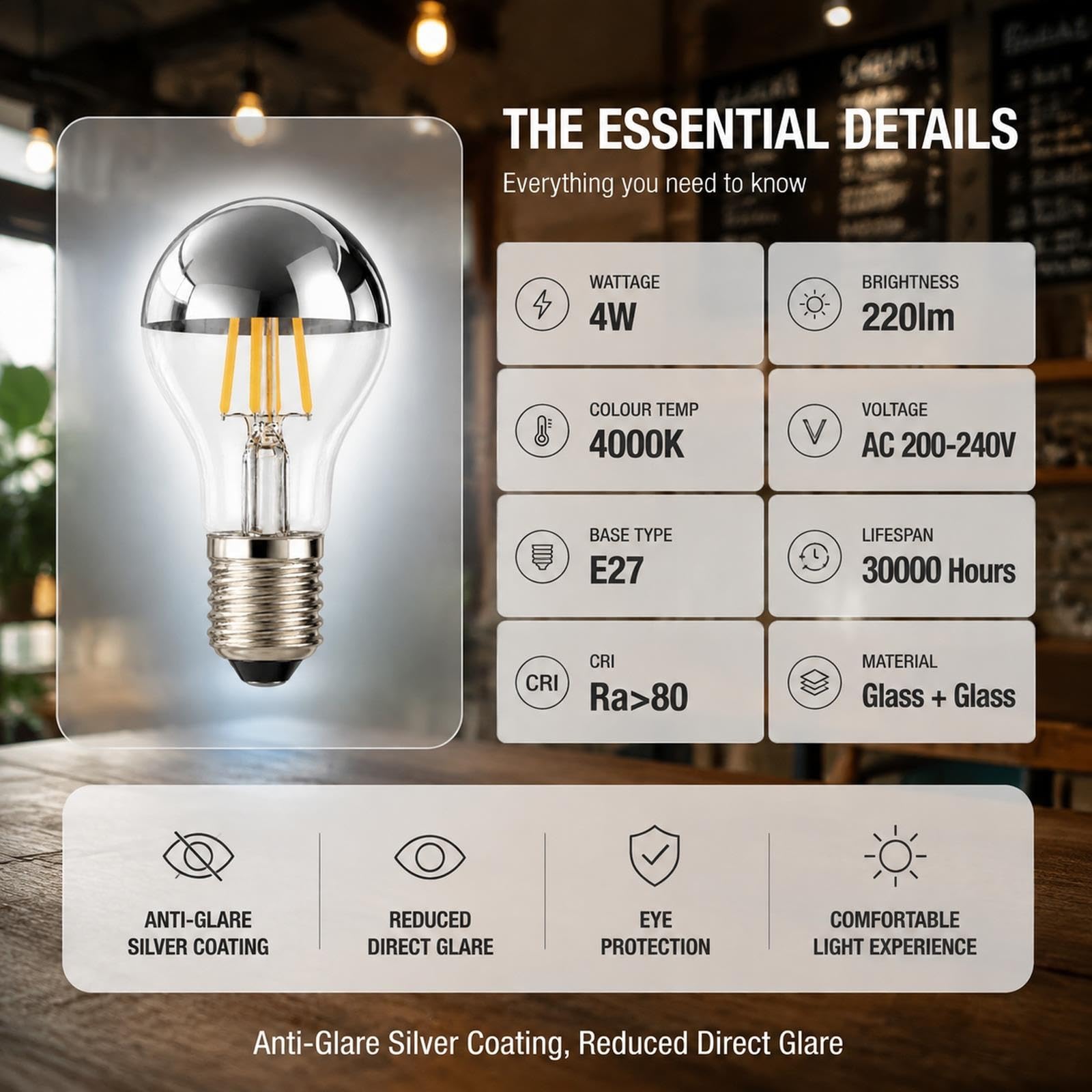 Bombilla LED E27, A60 Filamento, 2700K/4000K, 4W 220lm, No Regulable