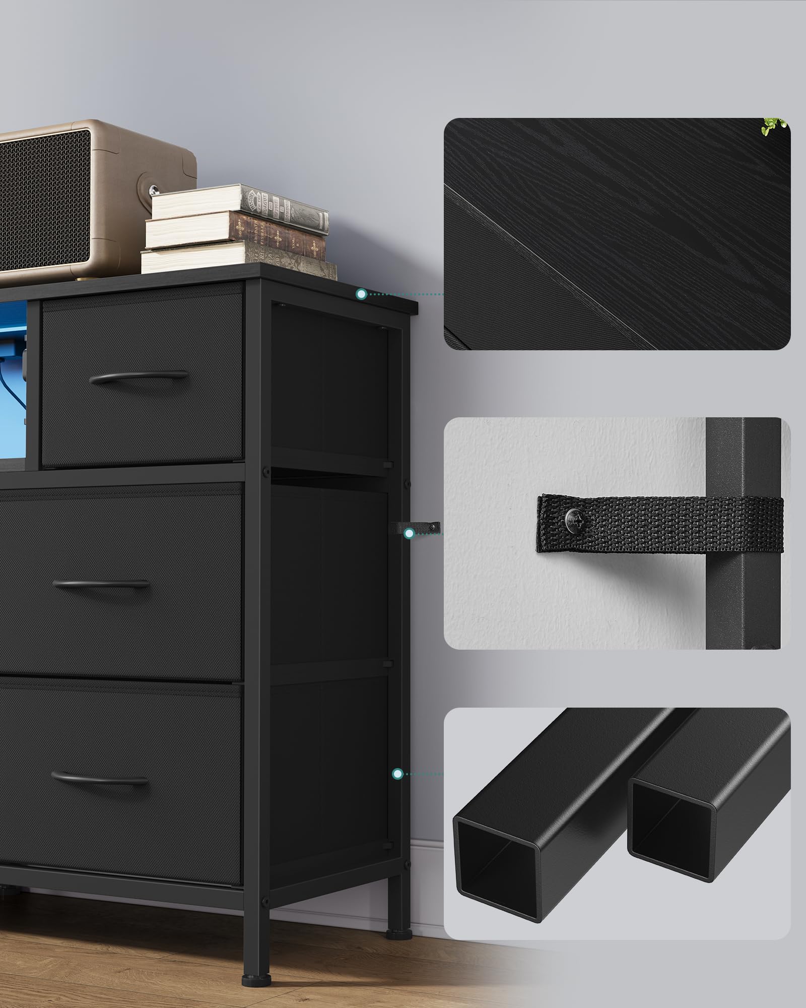 SONGMICS Komoda z 8 Szufladami, Szafka RTV z Oświetleniem LED i Stacją Ładującą, Otwarta Półka, Stalowa Rama, do Sypialni, Salonu, 113,8 x 30 x 68,1 cm, Czarny, Kolekcja BELLAH LGS433BH02