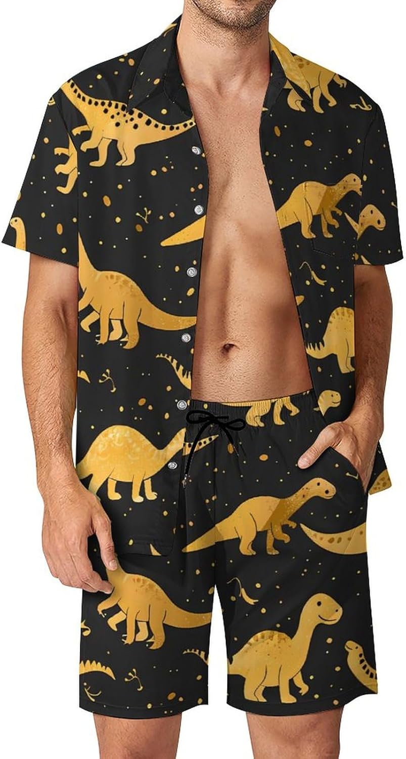 Cute Dinosaur Men's Summer Beach Outfits Shirt And Shorts Set 2 Piece Vacation Swimwear