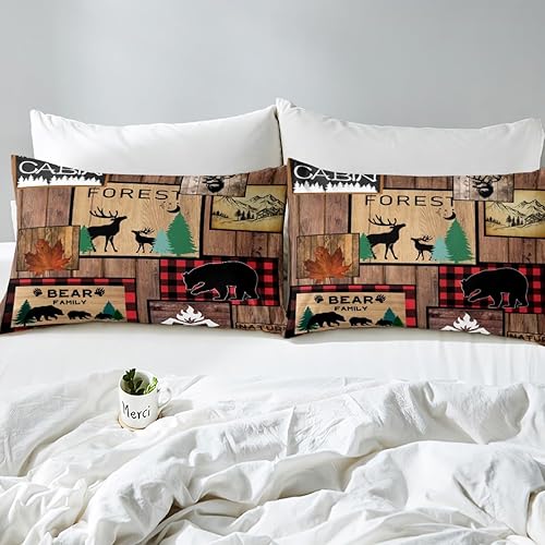 Miniatura 4 de Juego de sábanas bajeras de cabaña retro con diseño rústico de aventuras, oso, ciervo, caza, vida silvestre, animales salvajes, juego de cama a
