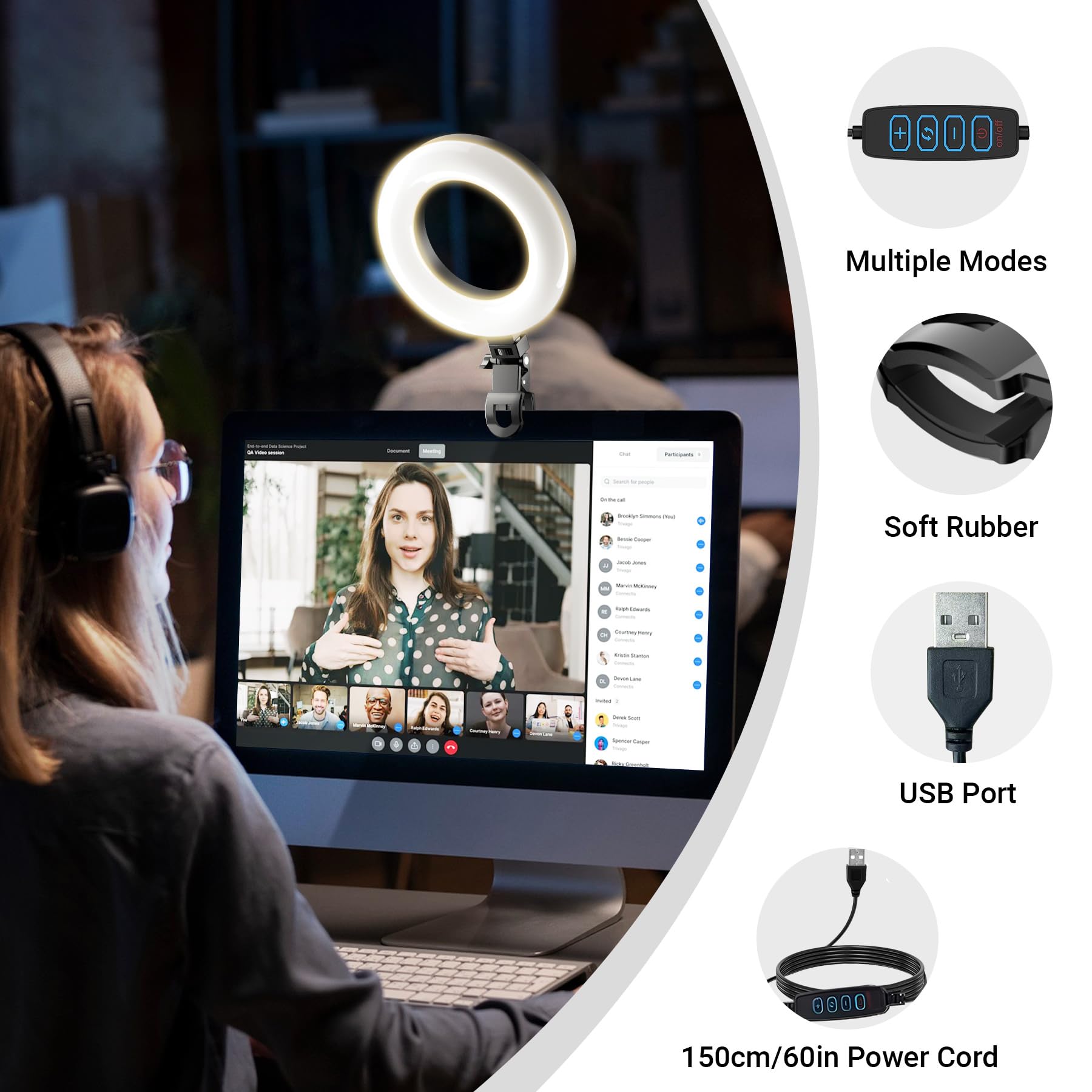 Lampa pierścieniowa z klipsem do laptopa, oświetlenie konferencji wideo z 3 trybami kolorów, regulowane światło LED USB do monitora komputerowego, strumieniowanie z zoomem, połączenia zespołowe