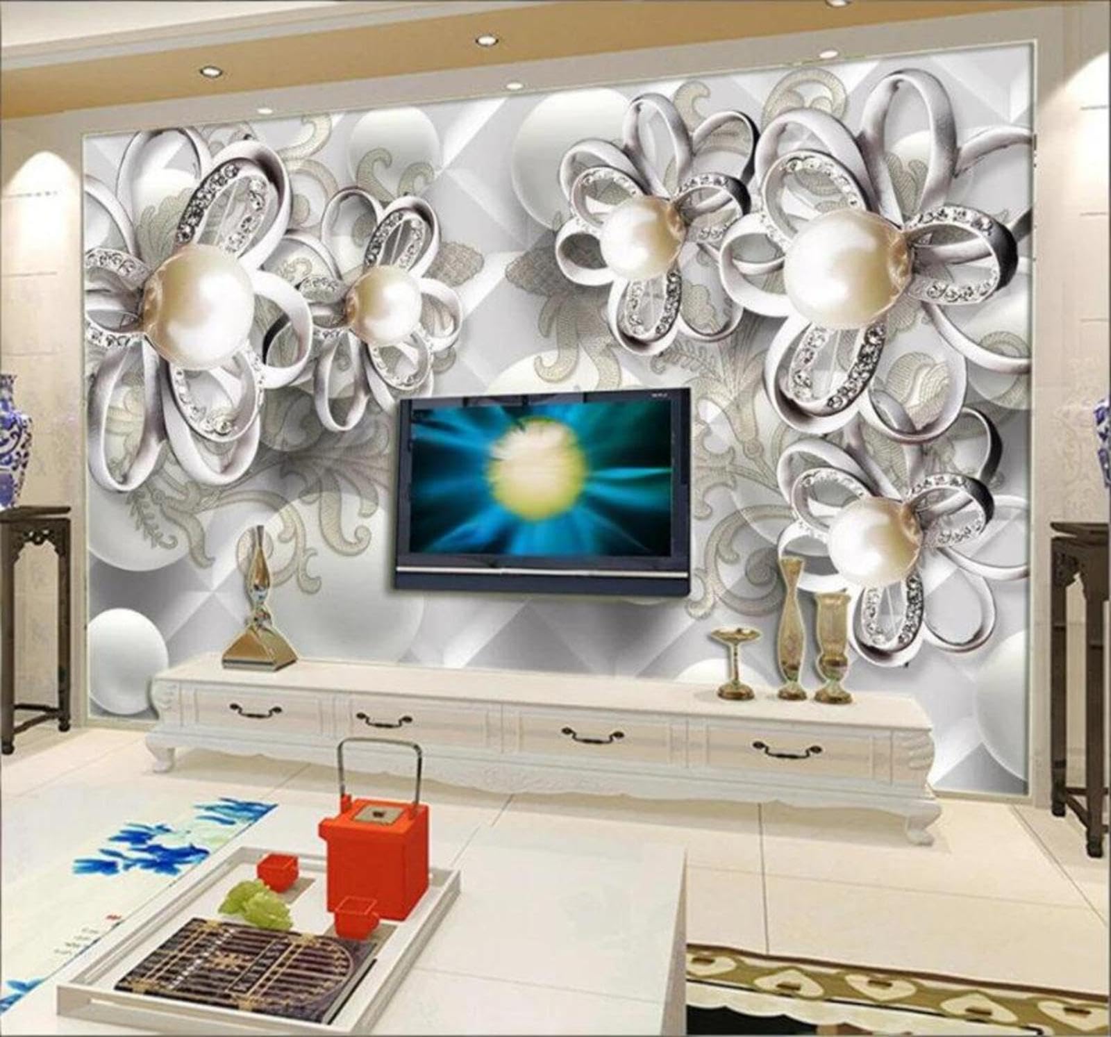 Pearls Diamonds Flowers Luxury Jewellery 3D Wallpaper Easy Install Feature Office Living Room Sofa Bedroom TV Background Wall Decoration-400cm×280cm