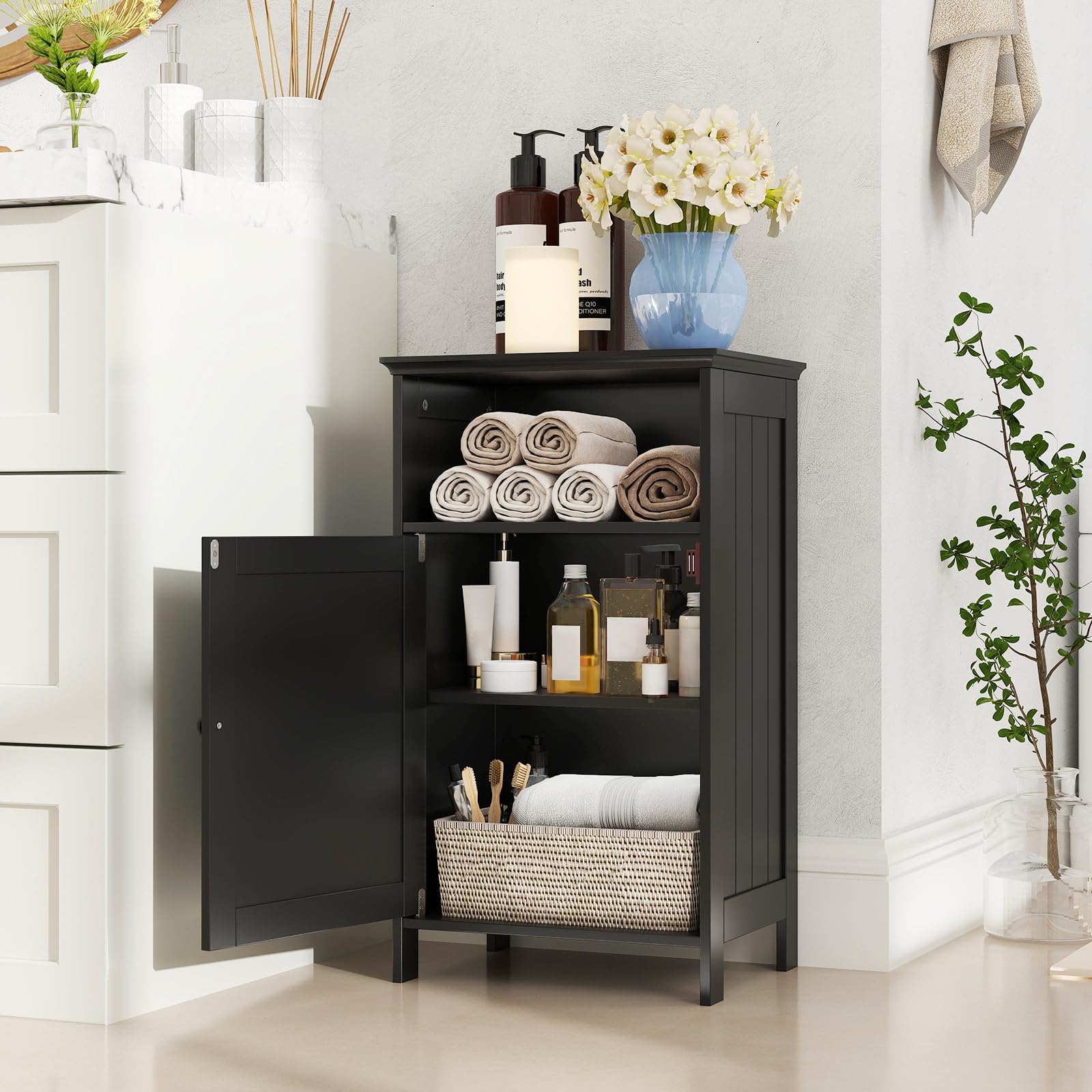 Tangkula Armadietto Da Bagno A Colonna In MDF Nero – 35,6x30,5x87,6 Cm Con Cassetto E Ripiani Regolabili - 2