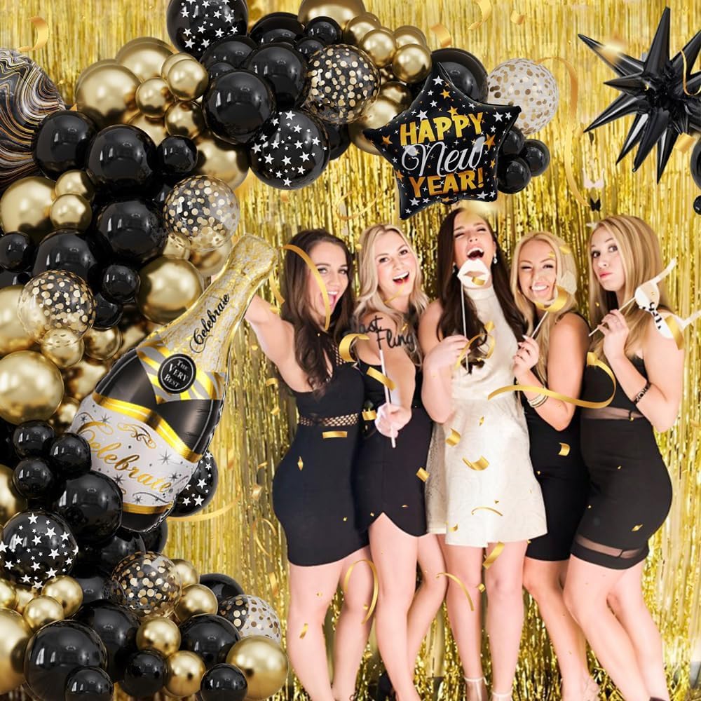 2026 Happy New Year Party Decorations - 130pcs Black and Glod Balloon Garlands Arch Kit, Large Bottle Foil Balloon New Years Eve Party Background Anniversary Graduation Home Supplies (Black Gold) - Image 4