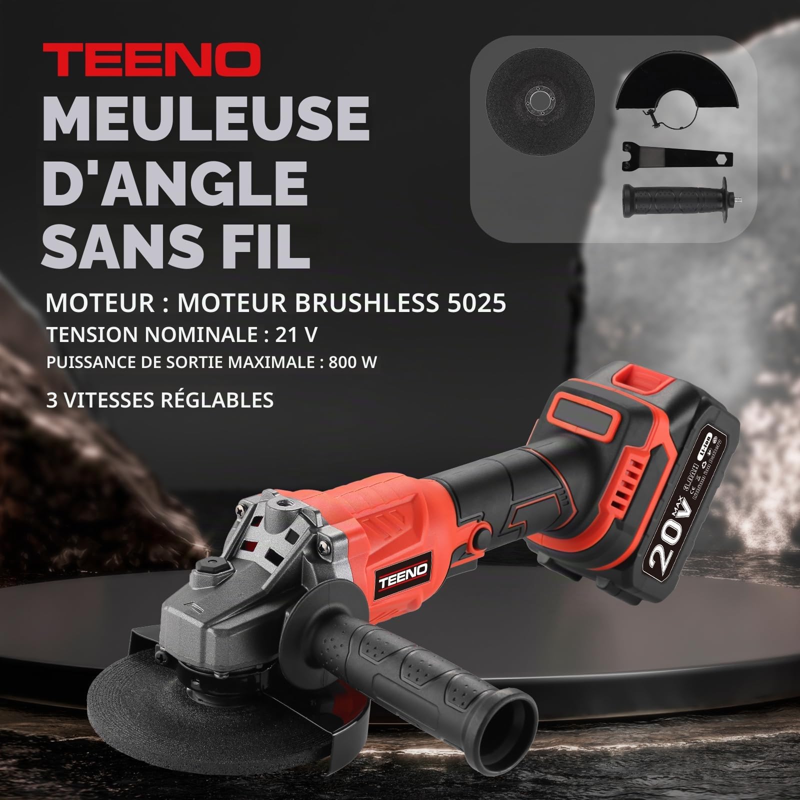 TEENO Kit 3 outils 20V Clé à chocs sans fil sans balais, Perceuse à Chocs, Meuleuse d'angle sans balais, Batteries 2x 3,0 Ah