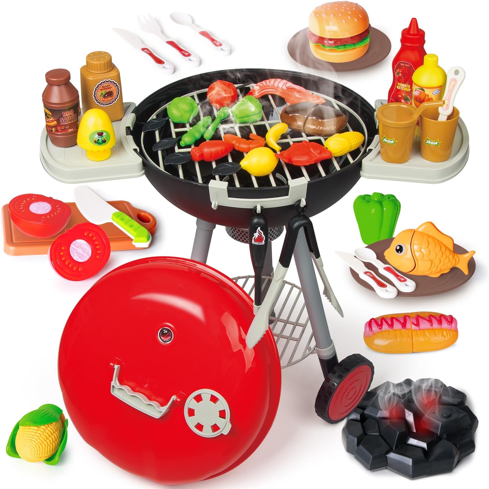 79PCS BBQ Grill Set for Kids - Kitchen Playset With Realistic Spray, Light & Sound - Interactive Toddler Toy for Boys Girls - Christmas Birthday Gift