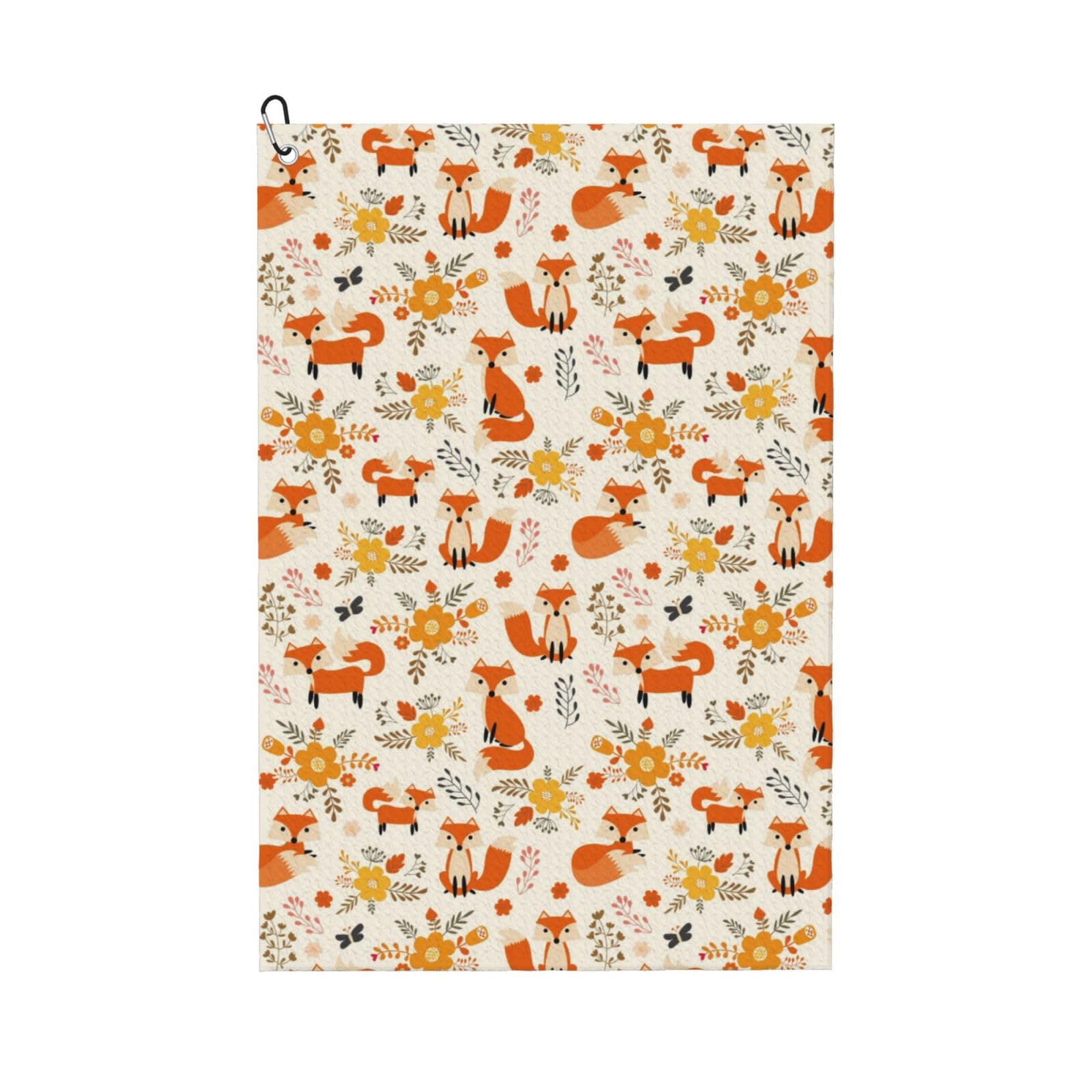 AOOEDM Flower Fox Print Golf Towel with Carabiner Clip Absorbent Microfiber Golf Towel for Cleaning Golf Ball Club Putter Iron for Golf Bag Trolly Belt Loop 16" X 24"