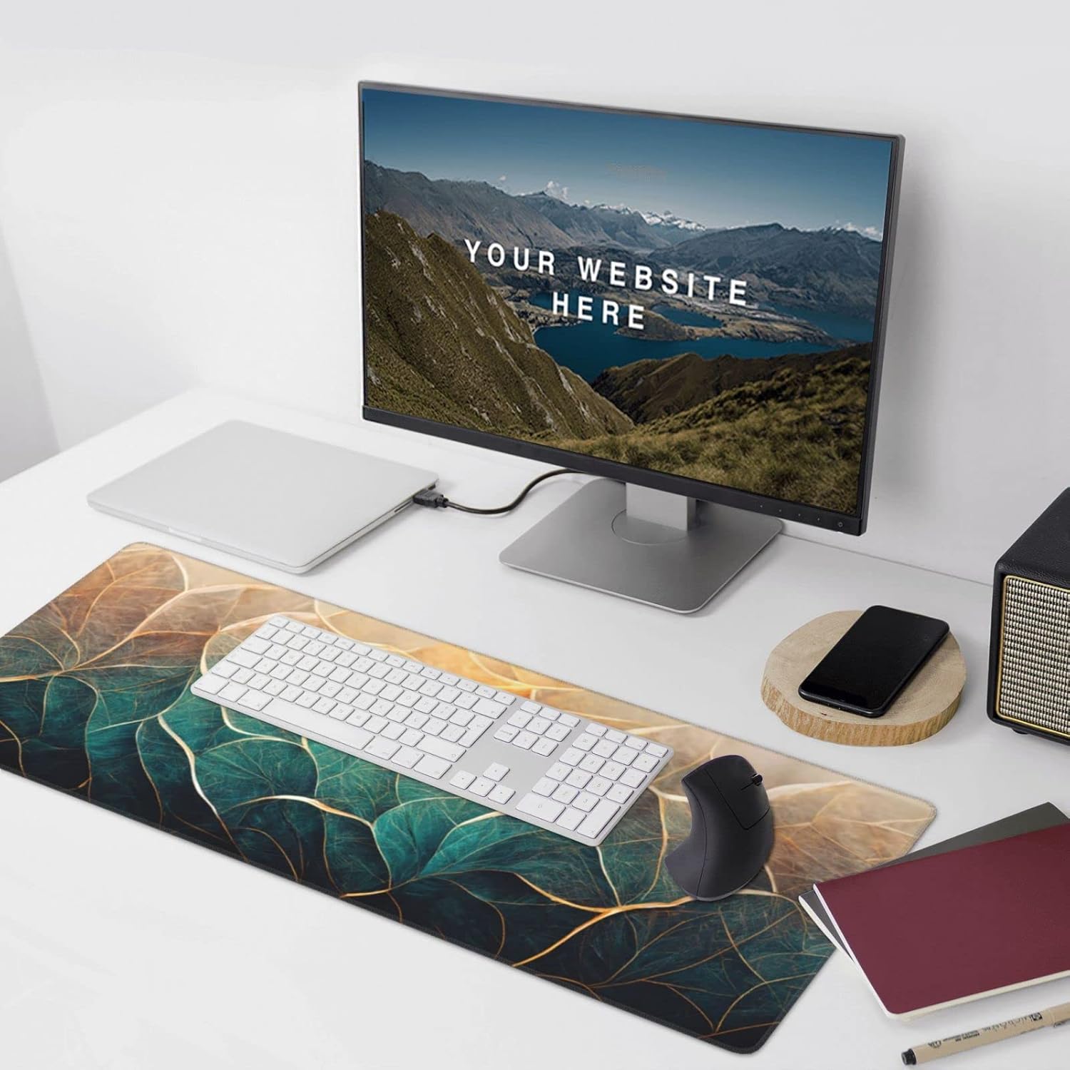 Gaming Mouse Pad,Large Mouse Pads for Desk,Non-Slip Rubber Base Extended Mousepad,XXL Keyboard Mouse Mat,Computer Keyboard Desk Pad with Stitched Edges,35.4x15.8inch,Abstract Blue Gold Floral Marble
