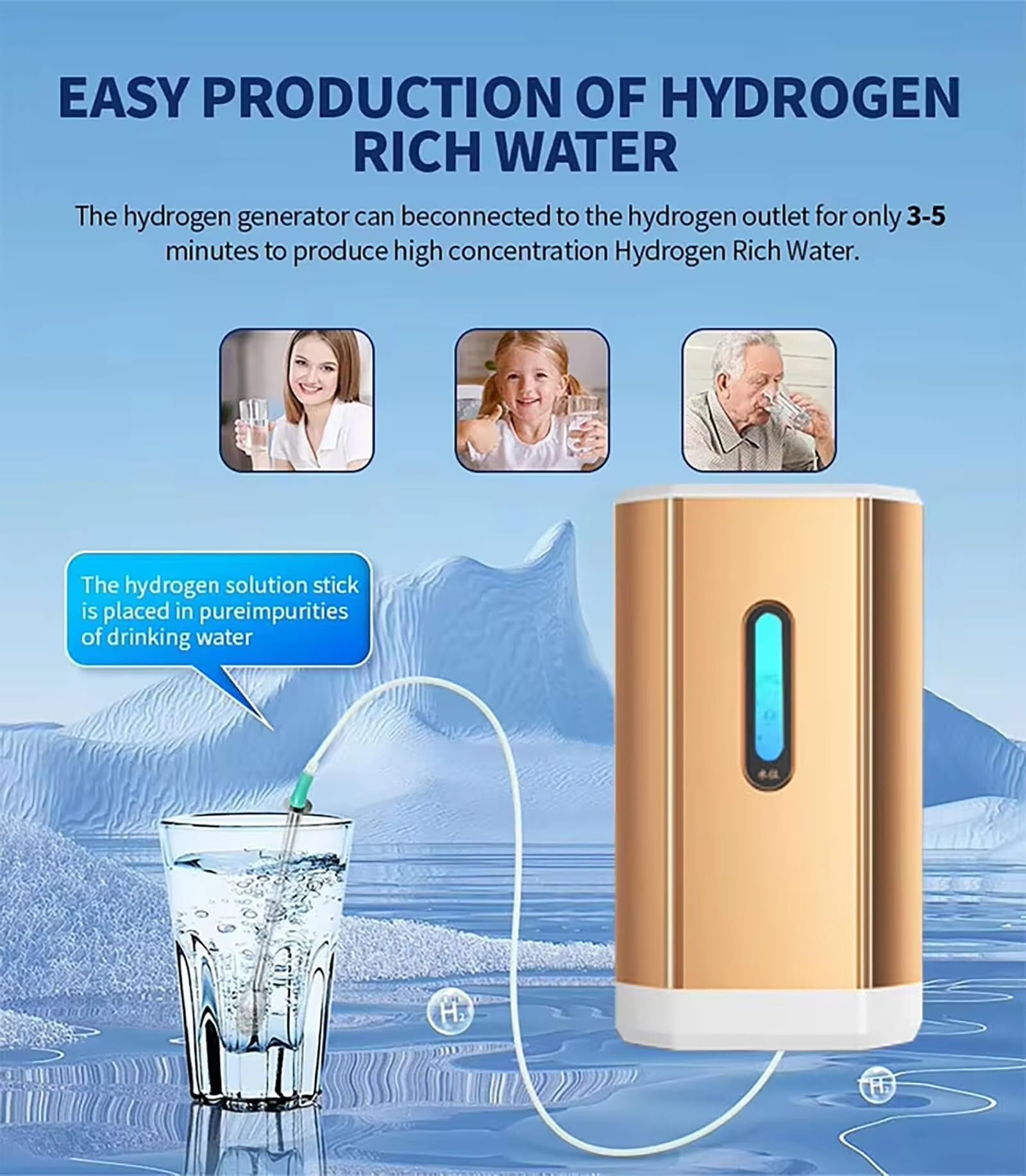Dispositivo de terapia de inhalación de hidrógeno, generador de agua de hidrógeno, inhalador de hidrógeno molecular puro al 99,99%(Yellow,225ml/min)