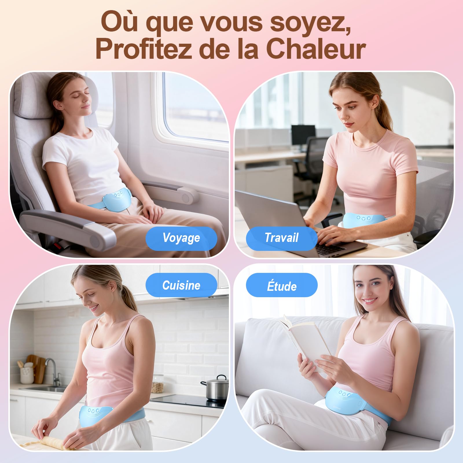 Comfytemp Ceinture Menstruelle Chauffante, 150cm Coussin Chauffant Double Moteur à Vibration, avec 3 Modes de Massage et 3 Niveaux de Température, Ceinture Chauffage sans Fil, Cadeau pour les Femmes