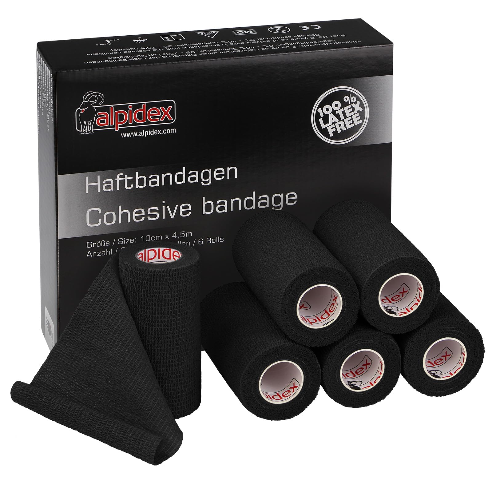 ALPIDEX 6 Rollos Venda Adhesiva 10 cm x 4,5 m Venda Cohesiva Envoltura Tape Deportiva Bendaje Autoadhesiva Mano Rodillas Tobillo Vet Wrap Perro Gato Caballo, Color:negro