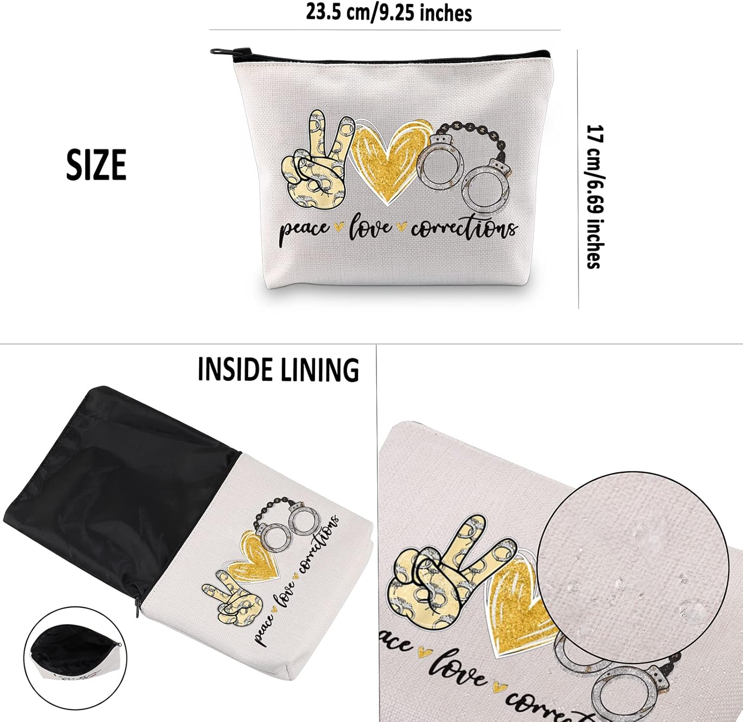 G2TUP Police Officer Gift Peace Love Corrections Makeup Bag Correctional Officer Cosmetic Bag New Police Officer Graduation Gift Zipper Travel Bag (Peace Love Corrections White Bag) - Image 3