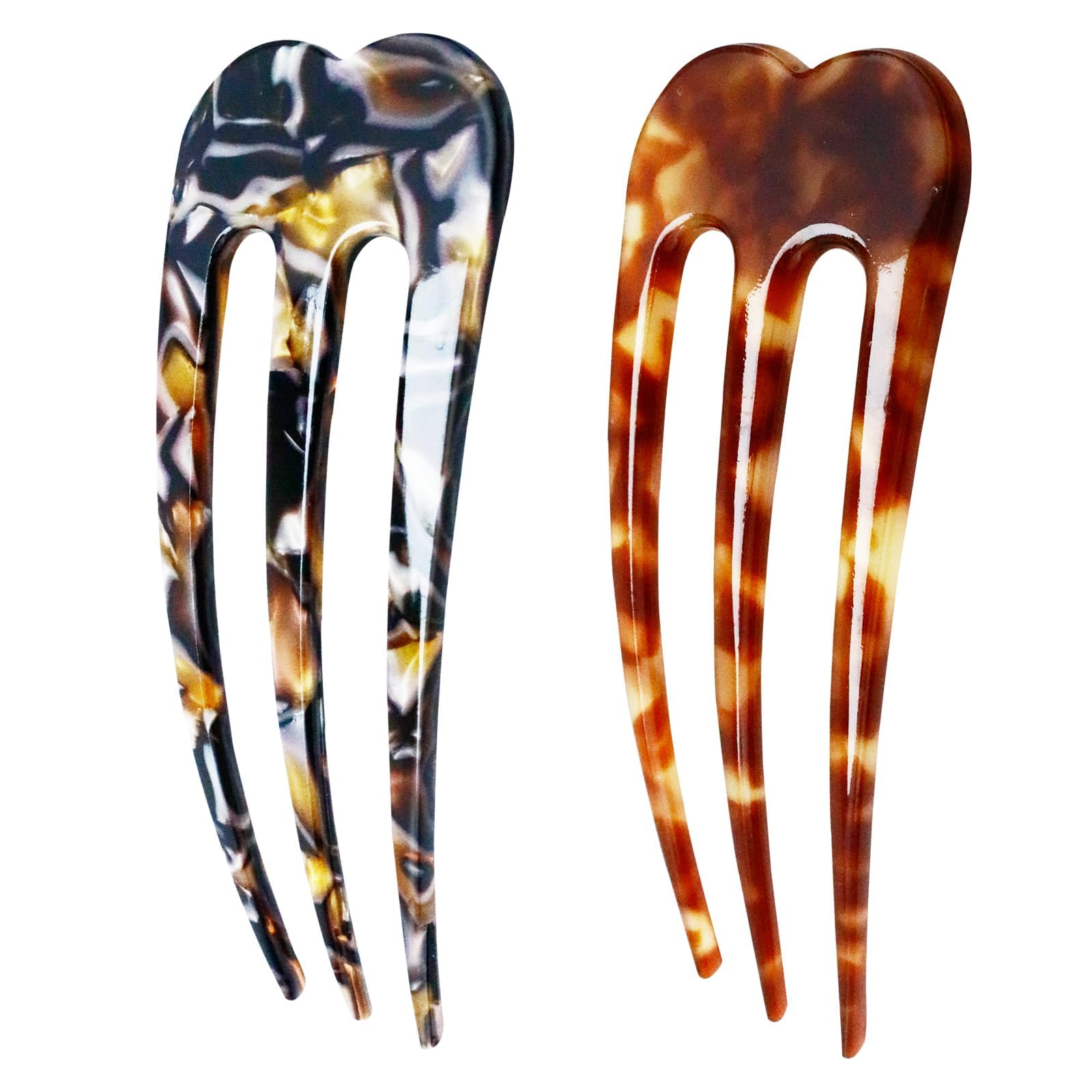 2Pcs 3-Prong U Shaped Hair Forks, Large French Hair Pins for Thick Hair, Vintage Style Hair Accessories Updo Hair Sticks (Tortoise, Brown)