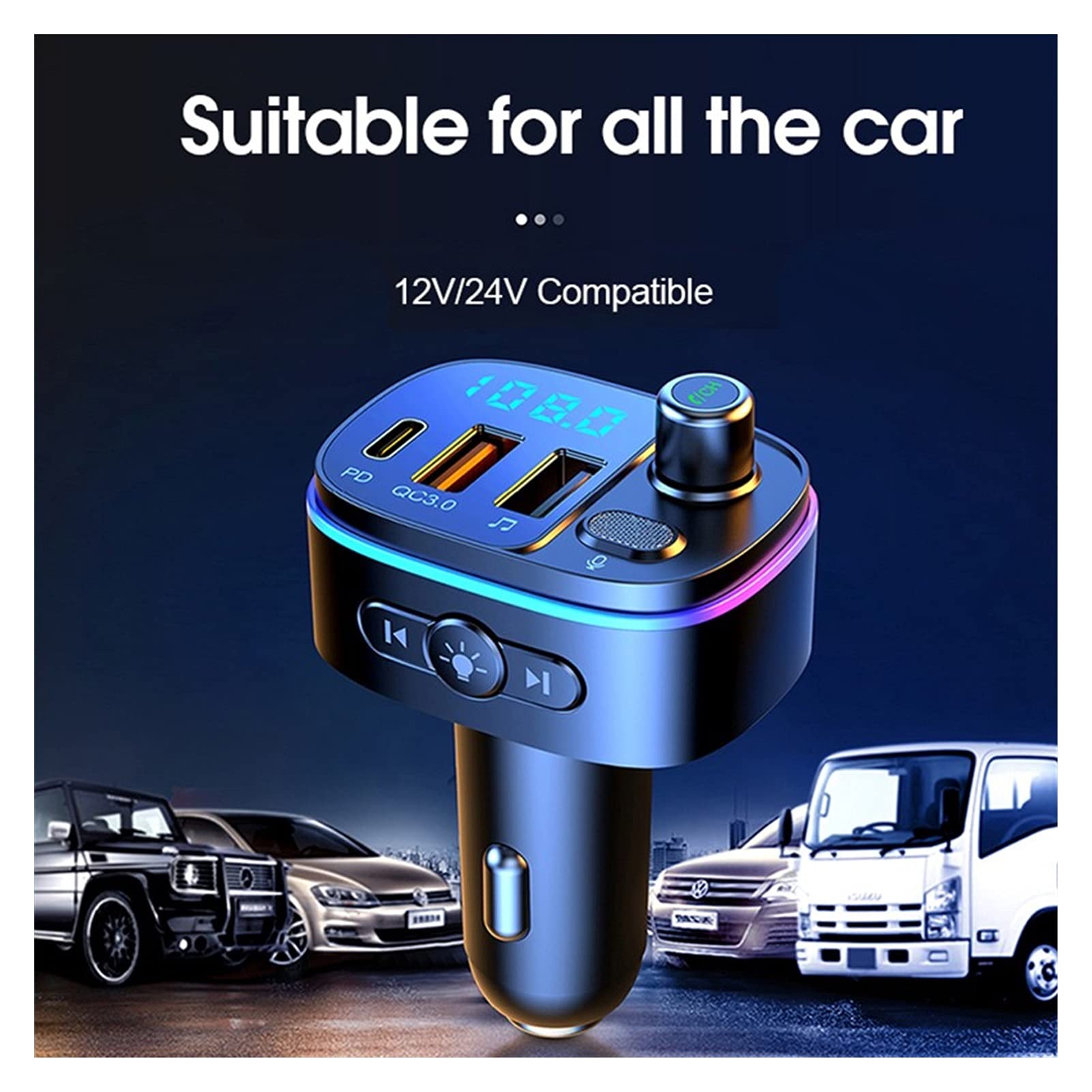 Adaptateur audio Bluetooth Lecteur MP3 de voiture Bluetooth 5.0 FÉMININ Kit de voiture mains libres de transmetteur PD QC 3.0 Double USB Transmetteur de lumières de l'atmosphère colorée du chargeur