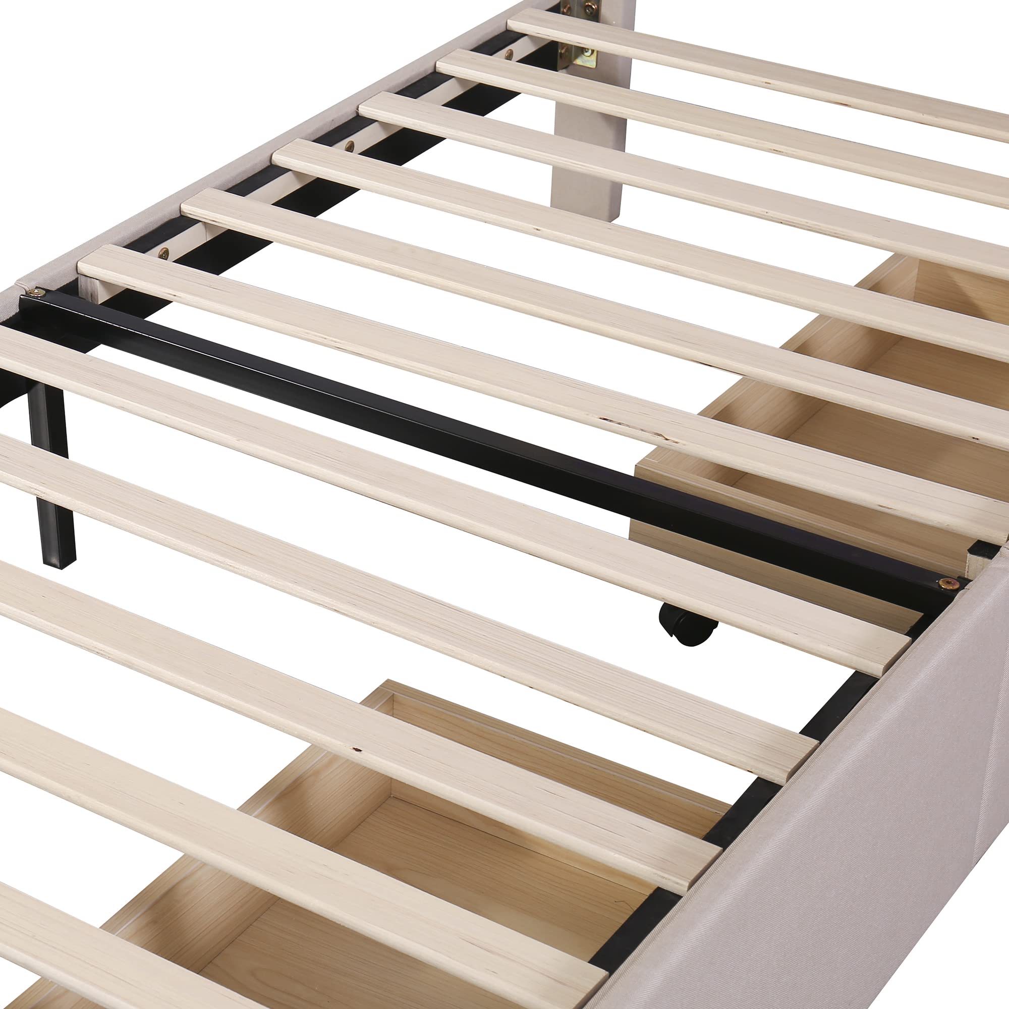 Idemon Cama tapizada de 90 x 200 cm con luces LED, 2 cajones, acolchado de lino agradable para la piel, cama individual, cama infantil, cama de invitados, color beige