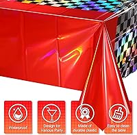 Vista 3 de Paquete de 3 manteles de plástico iridiscentes con auto de carreras, desechables, brillantes con láser rojo y negro, mantel rectangular de aluminio