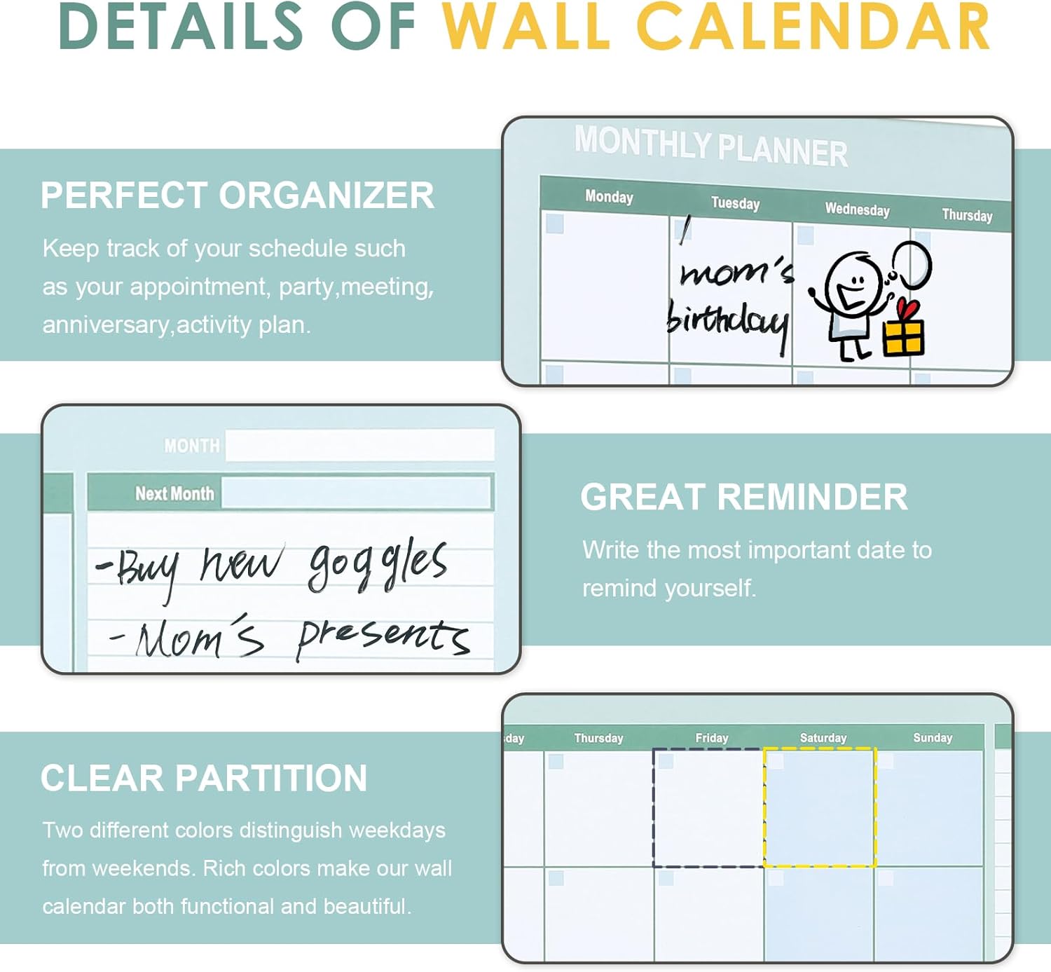 MAKELLO Dry Erase Calendar for Wall 36" x 24", Large White Board Calendar with Next Month for Office, Family, Kitchen and Bedroom