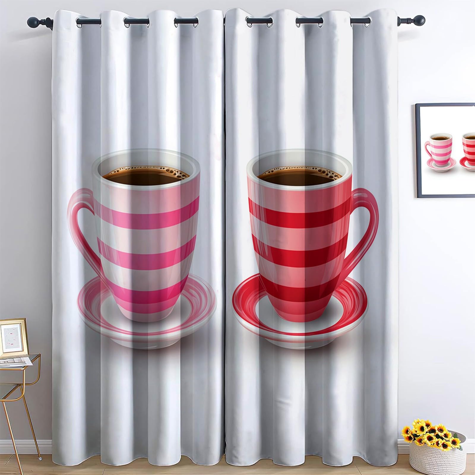 Generico Zasłony zaciemniające do sypialni, salonu, 91,5 l x 214 cm (2 panele) kubek do kawy w paski z oczkami z nadrukiem, białe zasłony termiczne