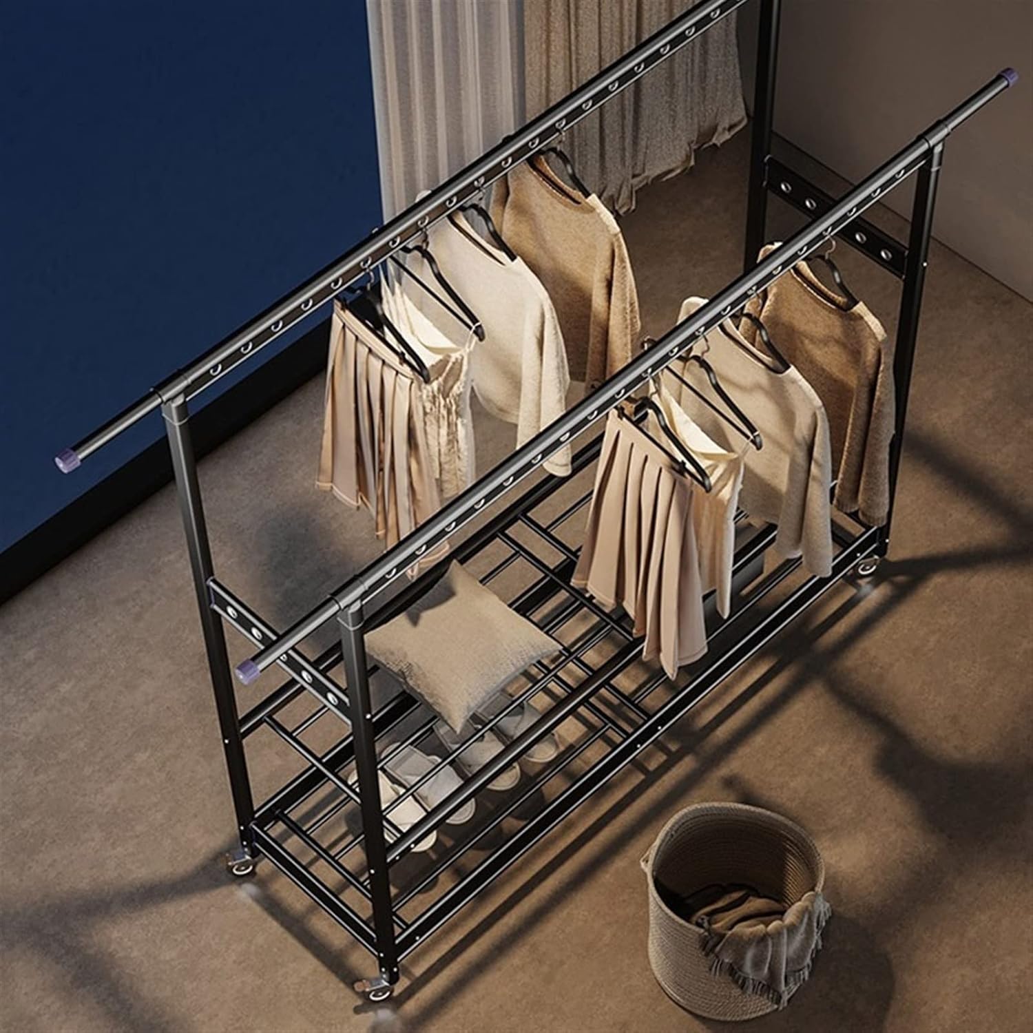 Clothes Drying Rack Removable Rack, Free-Standing Large Capacity Laundry Aluminum Retractable Station with Wheels, Indoor-Outdoor Use Folding,Champagne Double Layer-150cm