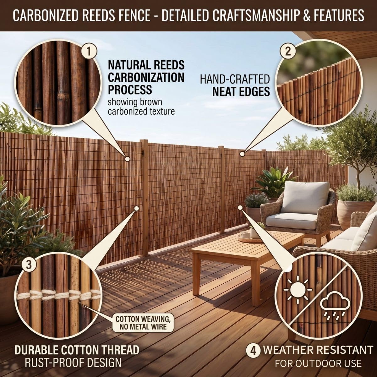 Brise Vue en Roseau Naturel pour Balcon Extérieur 100/120/130/150/180 cm Canisse Bambou avec Attaches pour Terrasse Pergola Rouleau de Clôture Intimité Pare Soleil Coupe Vent(Blanc,H90xL350cm)